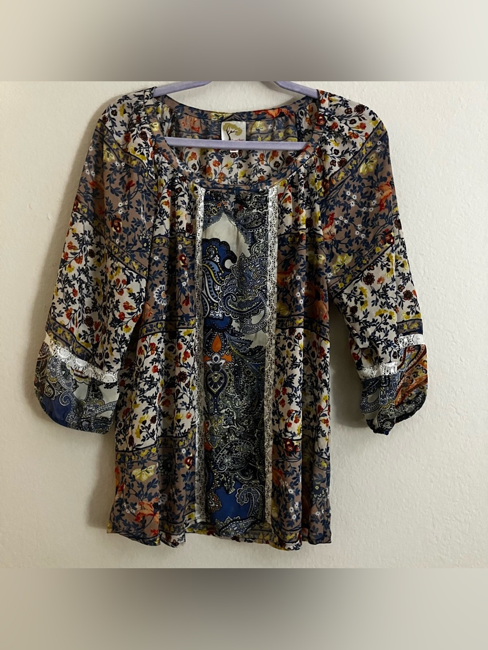 Fig and Flower Women’s Size Large Boho Floral Paisley Blouse 3/4 Sleeve